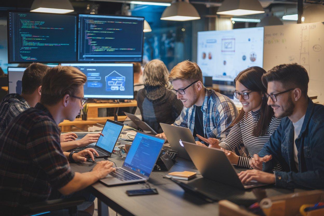Software development team collaborating in a modern workspace